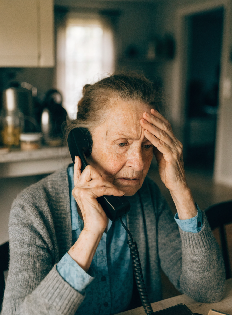 An older woman waiting on hold at her kitchen table